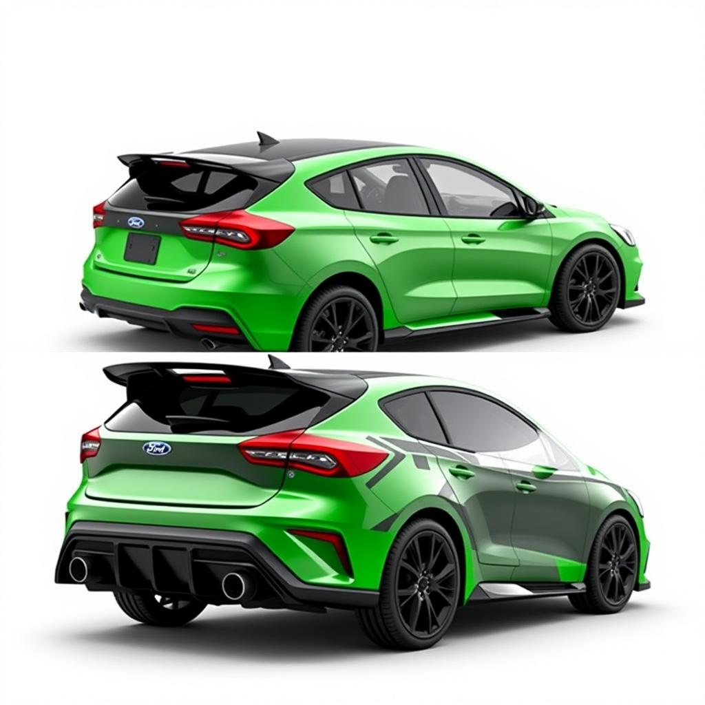 An angled side view from the back and from the front of a 2024 Ford Focus ST AWD 4-Door hatchback coupe with unique Mazda RX8 rear doors without handles