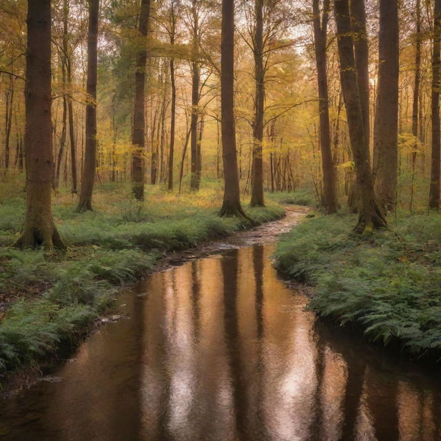 An enchanting view of a tranquil forest during sunset, filled with tall trees whose leaves are adorned with golden hues, a calm stream peacefully meandering through.