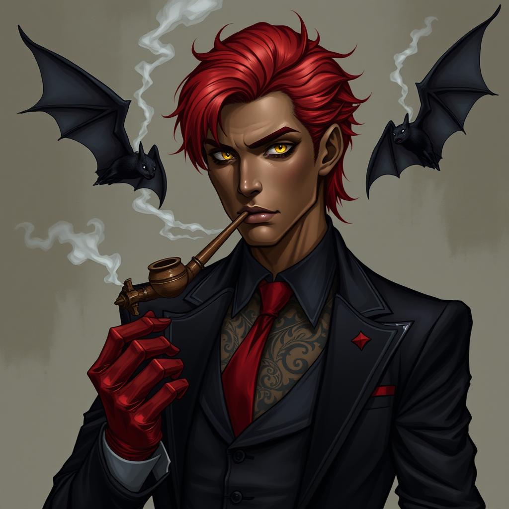 A blood mage with a black and gray suit, red tie, and red gloves