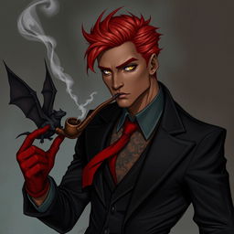 A blood mage with a black and gray suit, red tie, and red gloves