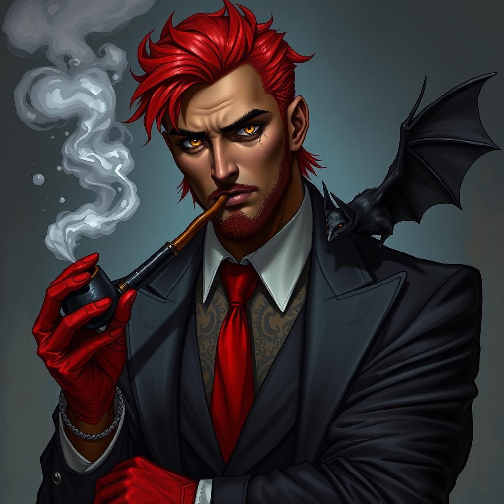 A blood mage with a black and gray suit, red tie, and red gloves