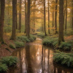 An enchanting view of a tranquil forest during sunset, filled with tall trees whose leaves are adorned with golden hues, a calm stream peacefully meandering through.