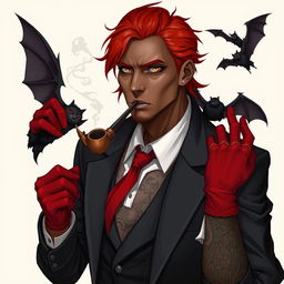 A blood mage with a black and gray suit, red tie, and red gloves