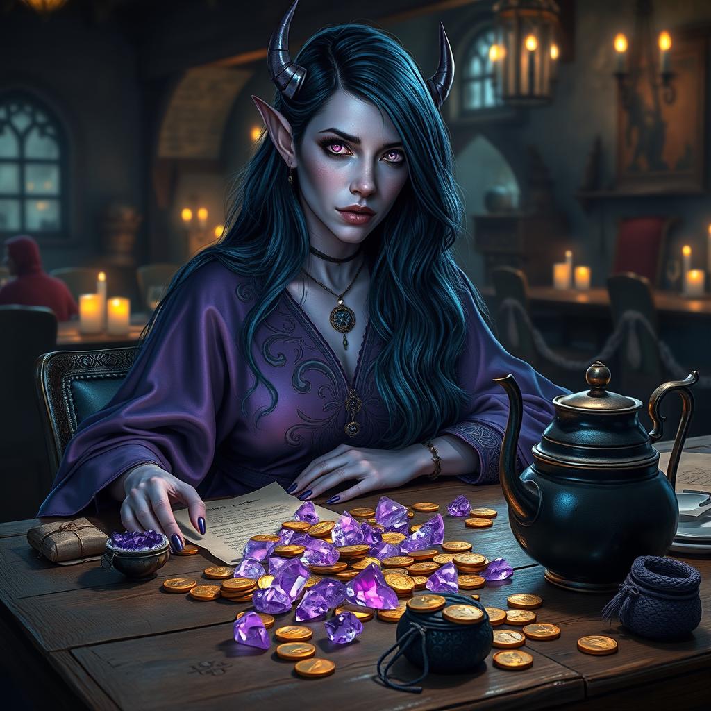 A purple-skinned female tiefling mage with long, lustrous dark blue hair sits gracefully in a medieval tavern