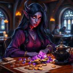 A purple-skinned female tiefling mage with long, lustrous dark blue hair sits gracefully in a medieval tavern