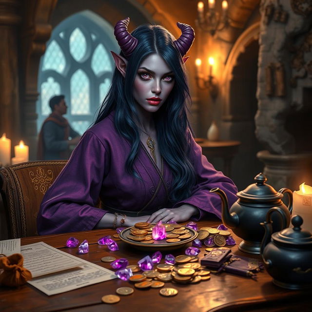 A purple-skinned female tiefling mage with long, lustrous dark blue hair sits gracefully in a medieval tavern