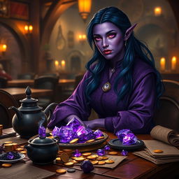 A purple-skinned female tiefling mage with long, lustrous dark blue hair sits gracefully in a medieval tavern