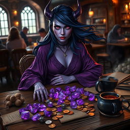 A stunning purple-skinned female tiefling mage with voluptuous, flowing dark blue hair sits with poise in a medieval tavern