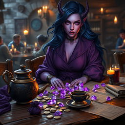 A stunning purple-skinned female tiefling mage with voluptuous, flowing dark blue hair sits with poise in a medieval tavern