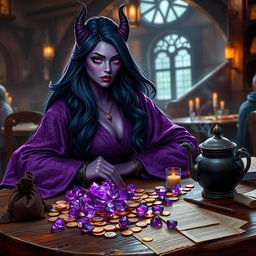 A stunning purple-skinned female tiefling mage with voluptuous, flowing dark blue hair sits with poise in a medieval tavern