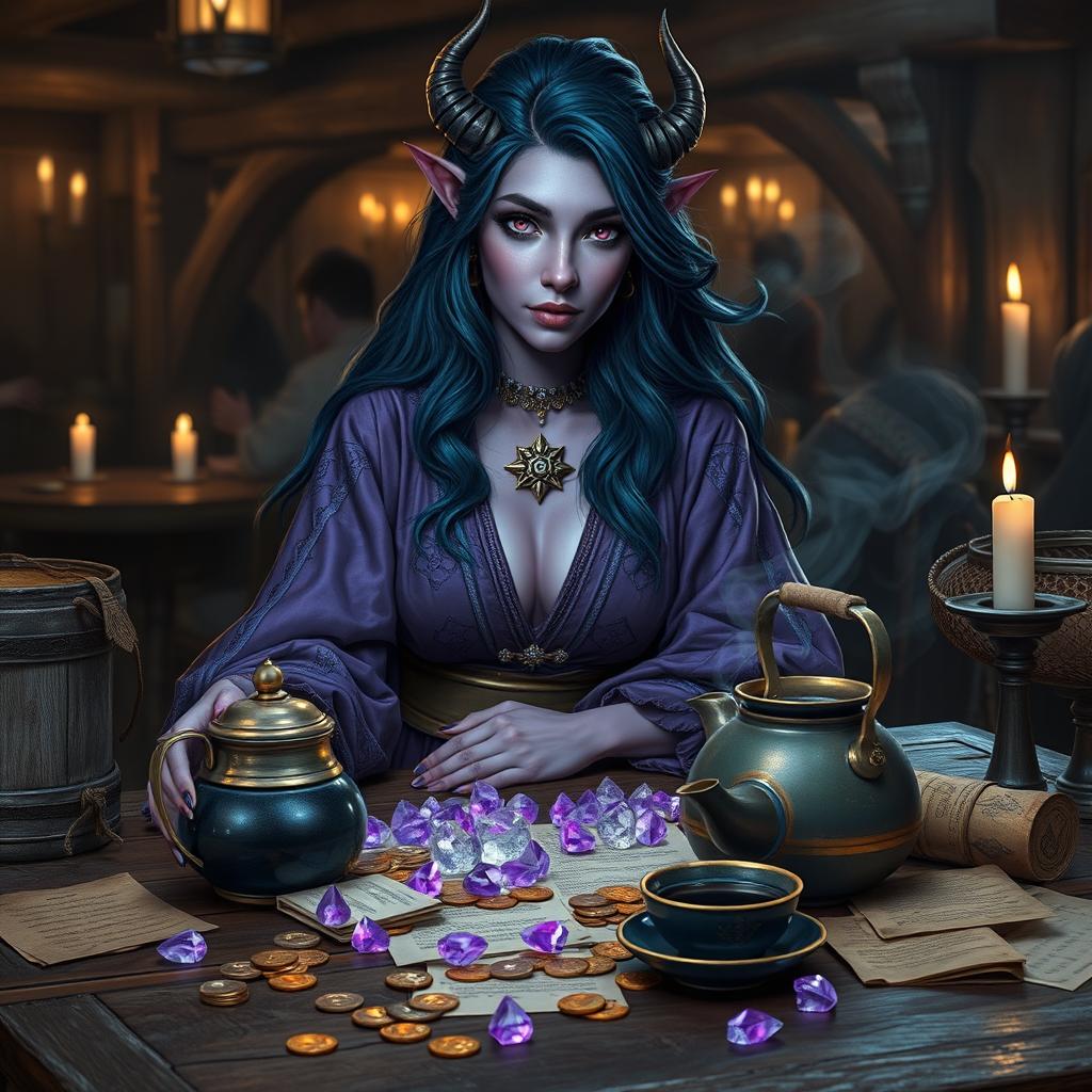 A stunning purple-skinned female tiefling mage with voluptuous, flowing dark blue hair sits with poise in a medieval tavern