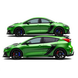 An angled side view from both the back and front of a 2024 Ford Focus ST AWD 4-Door hatchback, featuring Mazda RX8 rear doors with no handles