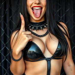 A close-up torso shot of a gorgeous female with sleek black hair, wearing a shiny black bondage style top