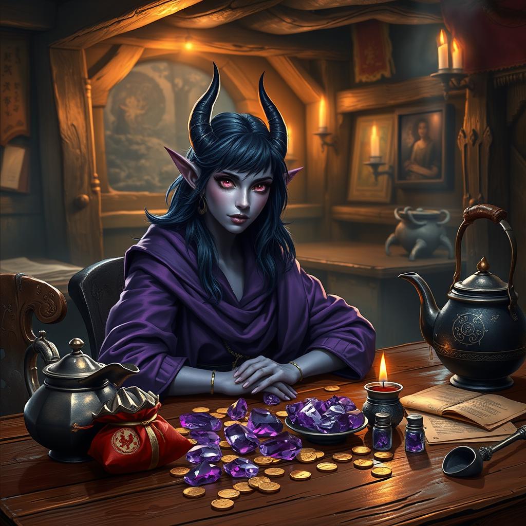 In a warmly lit medieval tavern, a purple-skinned female tiefling mage with lustrous dark blue hair sits, exuding an aura of mystique