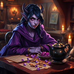 In a warmly lit medieval tavern, a purple-skinned female tiefling mage with lustrous dark blue hair sits, exuding an aura of mystique