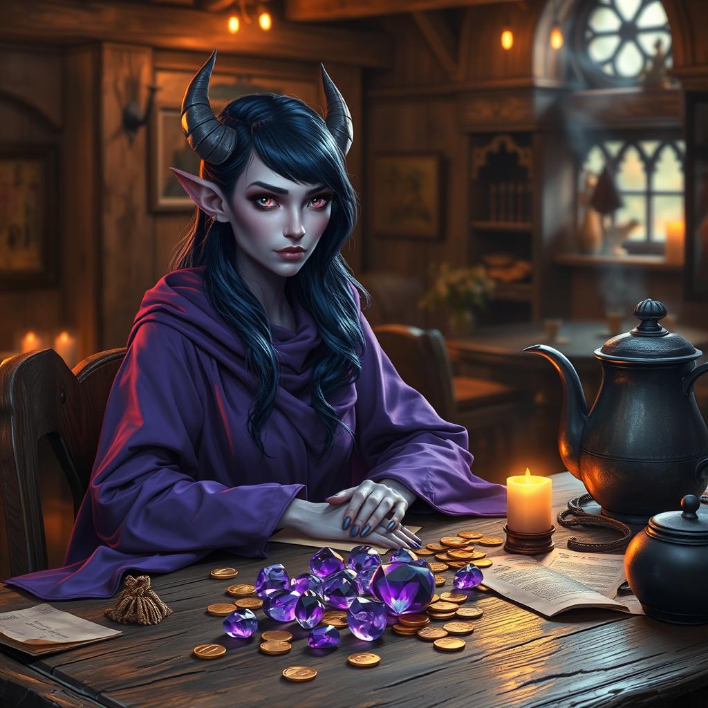 In a warmly lit medieval tavern, a purple-skinned female tiefling mage with lustrous dark blue hair sits, exuding an aura of mystique