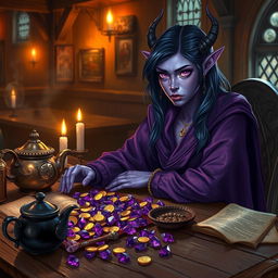 In a warmly lit medieval tavern, a purple-skinned female tiefling mage with lustrous dark blue hair sits, exuding an aura of mystique