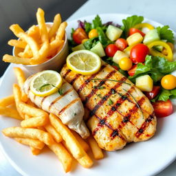 A beautifully presented meal featuring perfectly grilled chicken breast, golden crispy fries, and a side of fresh vibrant salad