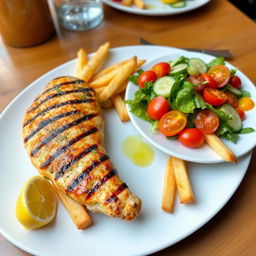 A beautifully presented meal featuring perfectly grilled chicken breast, golden crispy fries, and a side of fresh vibrant salad