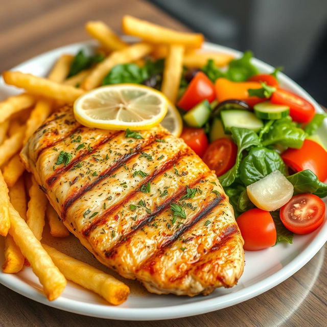 A beautifully presented meal featuring perfectly grilled chicken breast, golden crispy fries, and a side of fresh vibrant salad