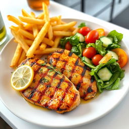 A beautifully presented meal featuring perfectly grilled chicken breast, golden crispy fries, and a side of fresh vibrant salad