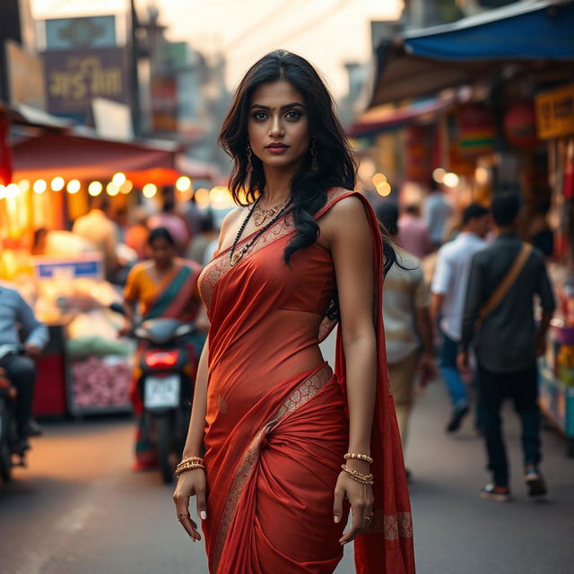 A stunning Indian woman with a captivating presence, wearing a striking and revealing saree that accentuates her hot figure