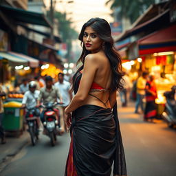 A stunning Indian woman with a captivating presence, wearing a striking and revealing saree that accentuates her hot figure