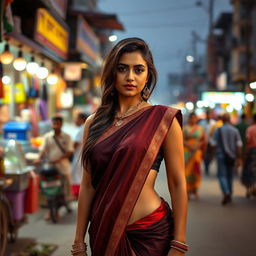 A stunning Indian woman with a captivating presence, wearing a striking and revealing saree that accentuates her hot figure