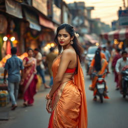 A stunning Indian woman with a captivating presence, wearing a striking and revealing saree that accentuates her hot figure