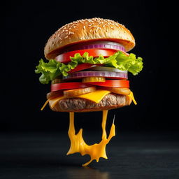 A dynamic and visually striking image of an exploding burger captured mid-air, with its components perfectly suspended against a sleek black background