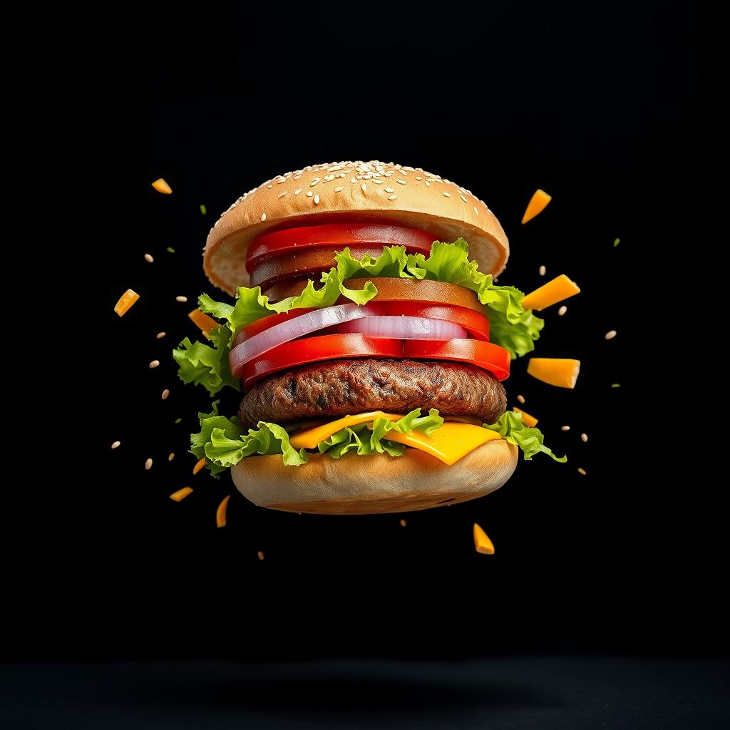 A dynamic and visually striking image of an exploding burger captured mid-air, with its components perfectly suspended against a sleek black background