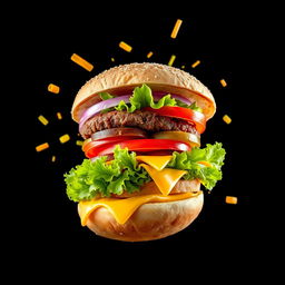 A dynamic and visually striking image of an exploding burger captured mid-air, with its components perfectly suspended against a sleek black background