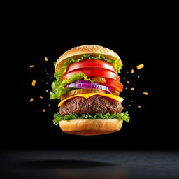 A dynamic and visually striking image of an exploding burger captured mid-air, with its components perfectly suspended against a sleek black background