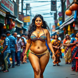A confident and vibrant Indian woman with a chubby physique wearing a stylish bikini, walking gracefully on a bustling Indian road near a market