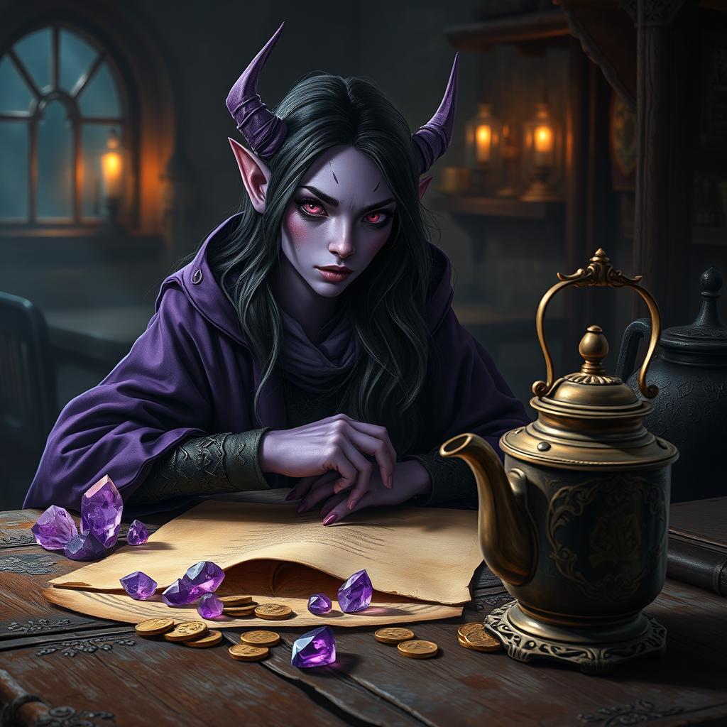 Within the dimly lit ambiance of a medieval tavern, a purple-skinned female tiefling mage sits with an air of mystery