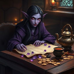 Within the dimly lit ambiance of a medieval tavern, a purple-skinned female tiefling mage sits with an air of mystery