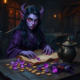 Within the dimly lit ambiance of a medieval tavern, a purple-skinned female tiefling mage sits with an air of mystery