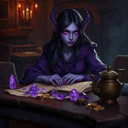 Within the dimly lit ambiance of a medieval tavern, a purple-skinned female tiefling mage sits with an air of mystery