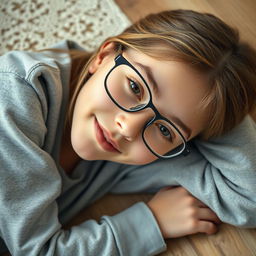 18-year-old girl with eyeglasses, lying on the floor, dressed in a casual comfy outfit, gentle and innocent expression, soft lighting highlighting her features, focus on her facial expression and posture, warm and inviting atmosphere, natural beauty and relaxed pose