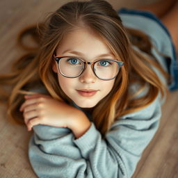 18-year-old girl with eyeglasses, lying on the floor, dressed in a casual comfy outfit, gentle and innocent expression, soft lighting highlighting her features, focus on her facial expression and posture, warm and inviting atmosphere, natural beauty and relaxed pose