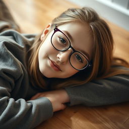 18-year-old girl with eyeglasses, lying on the floor, dressed in a casual comfy outfit, gentle and innocent expression, soft lighting highlighting her features, focus on her facial expression and posture, warm and inviting atmosphere, natural beauty and relaxed pose