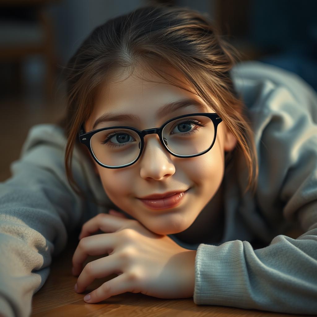 18-year-old girl with eyeglasses, lying on the floor, dressed in a casual comfy outfit, gentle and innocent expression, soft lighting highlighting her features, focus on her facial expression and posture, warm and inviting atmosphere, natural beauty and relaxed pose