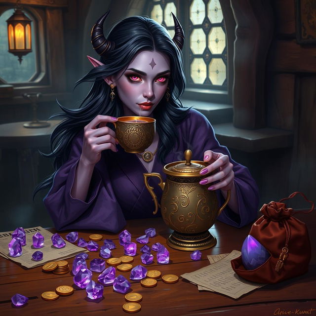 In the dimly lit medieval tavern, a purple-skinned female tiefling mage exudes grace and mystery as she elegantly sips tea from an intricately designed oriental pot