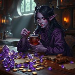 In the dimly lit medieval tavern, a purple-skinned female tiefling mage exudes grace and mystery as she elegantly sips tea from an intricately designed oriental pot