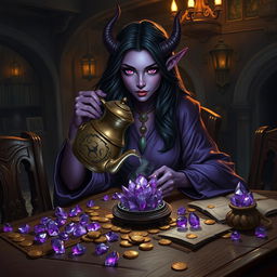 In the dimly lit medieval tavern, a purple-skinned female tiefling mage exudes grace and mystery as she elegantly sips tea from an intricately designed oriental pot