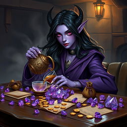 In the dimly lit medieval tavern, a purple-skinned female tiefling mage exudes grace and mystery as she elegantly sips tea from an intricately designed oriental pot