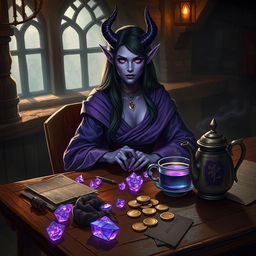 In a dimly lit medieval tavern, a female tiefling mage with captivating purple skin sits elegantly at a rustic wooden table