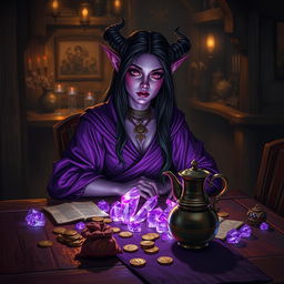 In a dimly lit medieval tavern, a female tiefling mage with captivating purple skin sits elegantly at a rustic wooden table