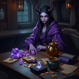 In a dimly lit medieval tavern, a female tiefling mage with captivating purple skin sits elegantly at a rustic wooden table