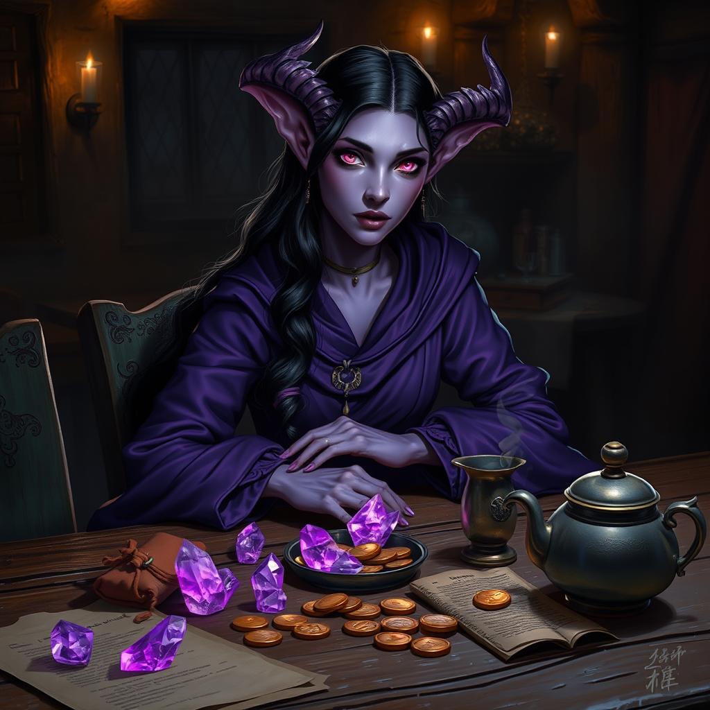 In a dimly lit medieval tavern, a female tiefling mage with captivating purple skin sits elegantly at a rustic wooden table